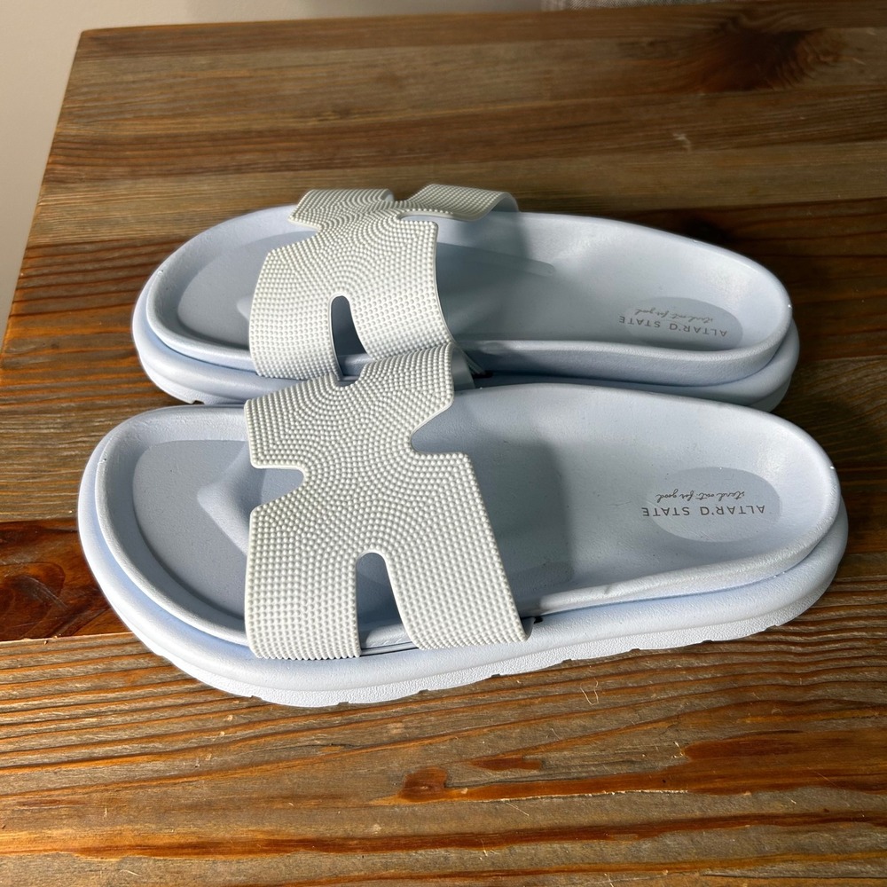 Altar'd State Lorey Light Blue Textured H-Strap Platform Slide Sandals Womens 7M